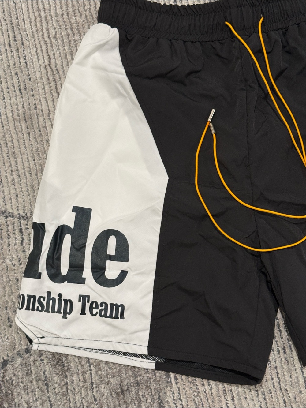 Rhude Black and White Athletic Shorts with Yellow Drawstring - Picture 3 of 7